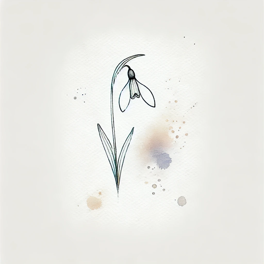 Galanthus flower illustration featuring diffused watercolor blotches and minimal hand-drawn details.