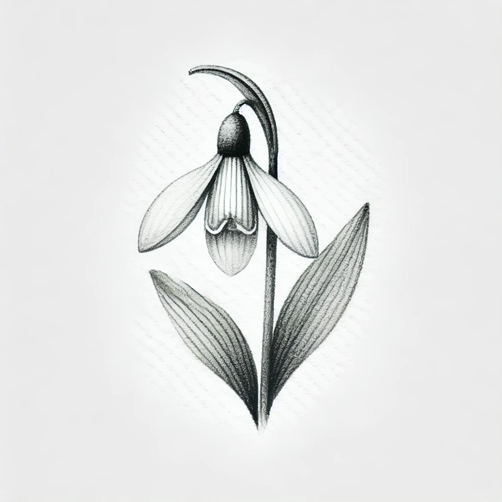 Grayscale illustration of a Galanthus flower with soft shading and elegant line details, a modern take for floral tattoo designs.