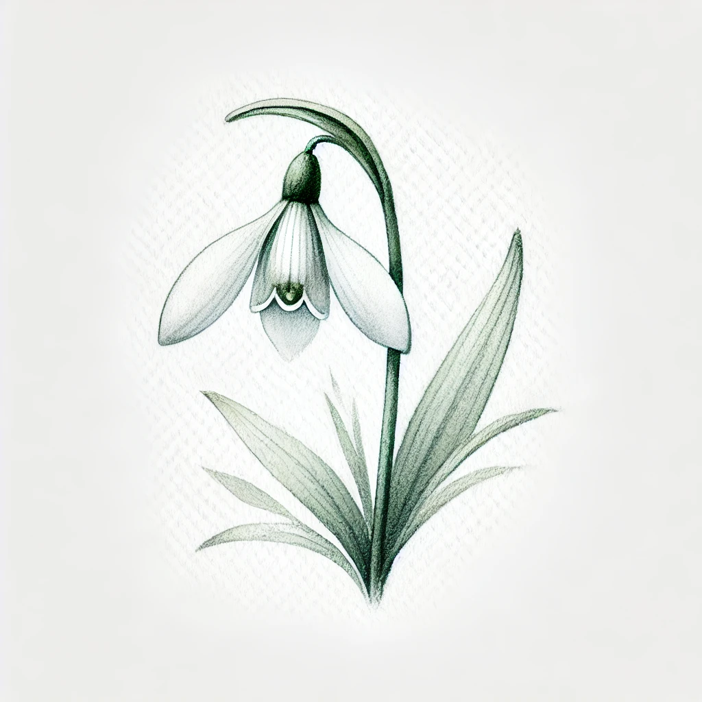 Stylized depiction of a Galanthus flower in a modern, clean design with watercolor tones, perfect for Birth Flower Tattoo enthusiasts.