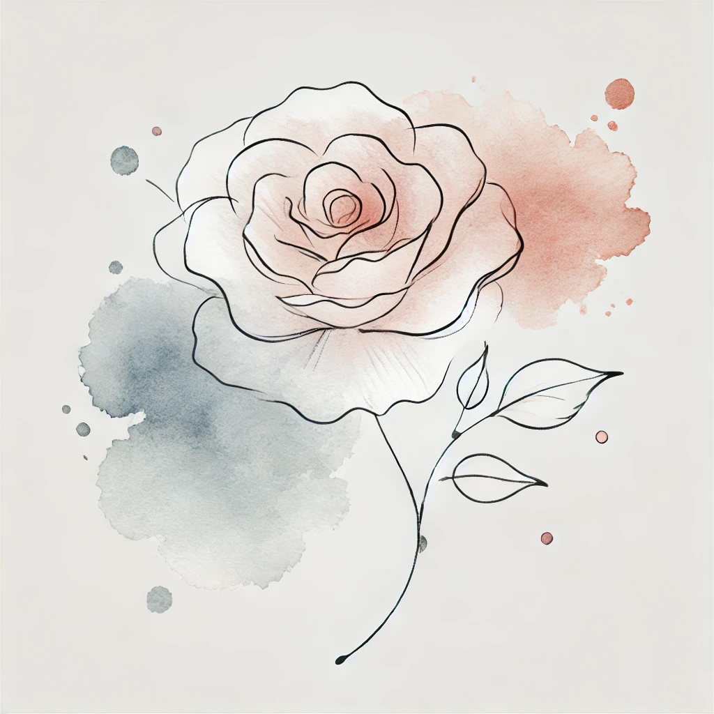 Minimalist rose illustration blending pastel watercolor textures and fine outlines, with abstract leaves for an artistic touch