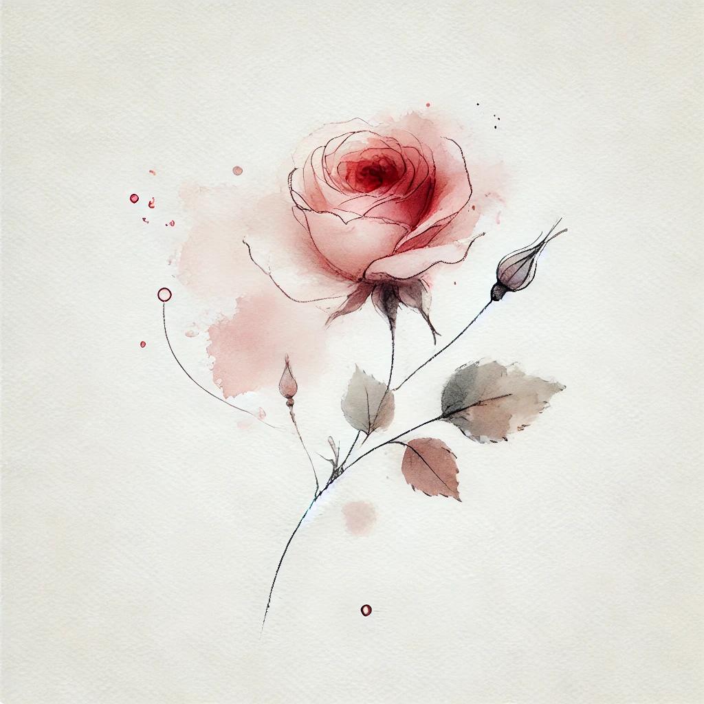Artistic representation of a red rose with diffused watercolor shades and clean outline details, highlighting natural elegance