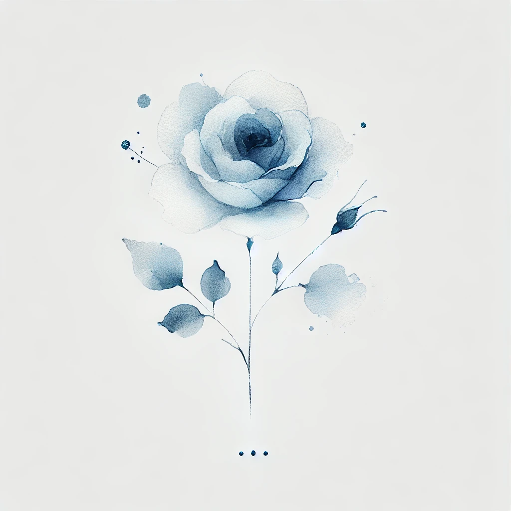 Elegant depiction of a blue rose with abstract watercolor blotches and subtle linework, showcasing simplicity and beauty.