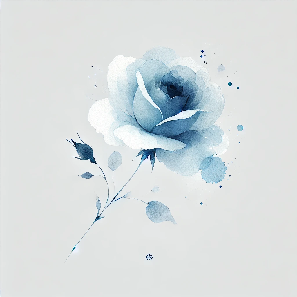 Minimalist blue rose illustration featuring diffused watercolor textures and fine outline strokes, centered on a white background