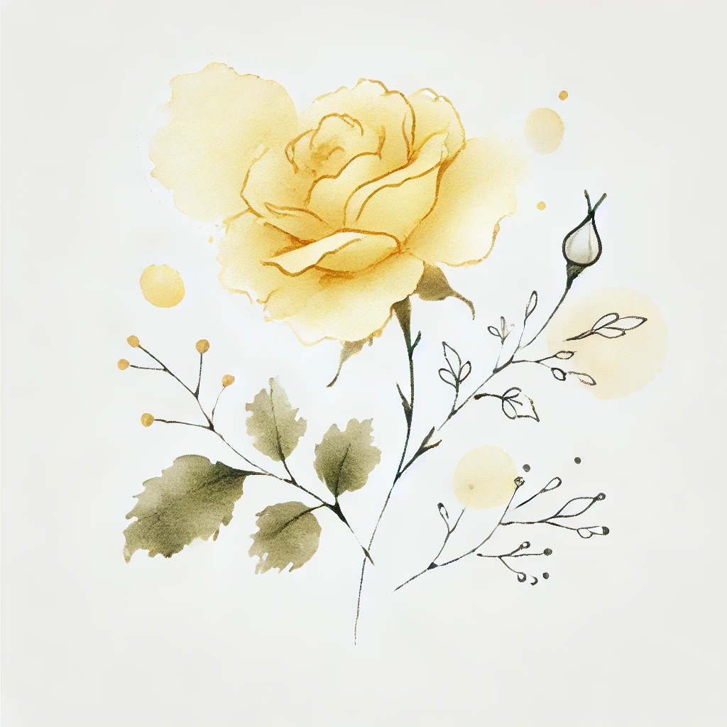 Illustration of a yellow rose with soft watercolor tones and delicate outline details, accented with abstract leaves for an artistic design.