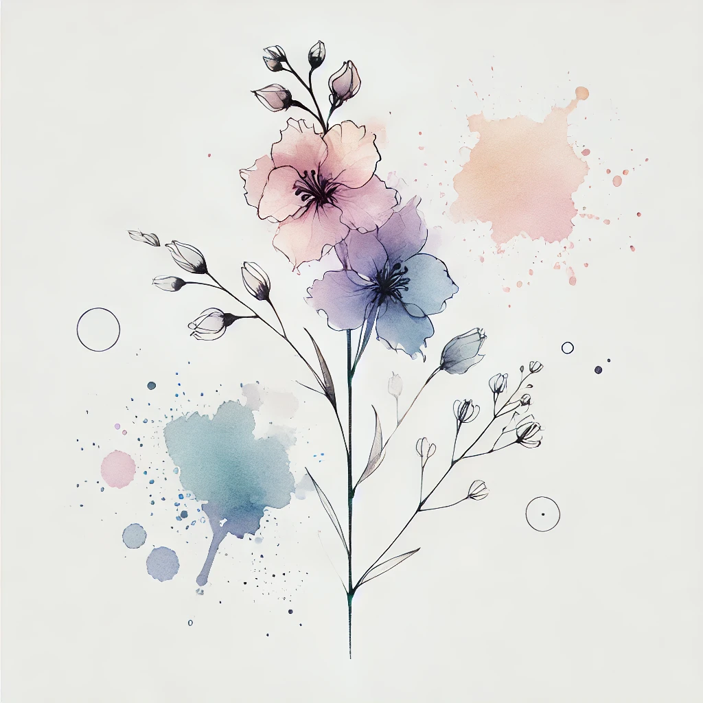 Artistic illustration of a Larkspur flower with pastel watercolor splashes and delicate outline details, perfect for a July Birth Flower Tattoo Larkspur