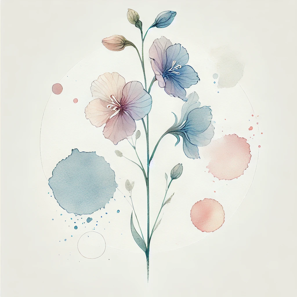 Minimalist design of a Larkspur flower featuring soft watercolor blotches in blue and pink tones, an elegant option for a July Birth Flower Tattoo Larkspur