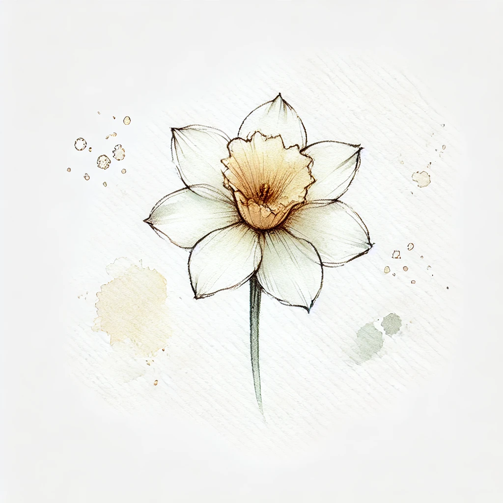 Minimalist daffodil illustration with diffused watercolor textures and fine lines, emphasizing simplicity and elegance in floral art