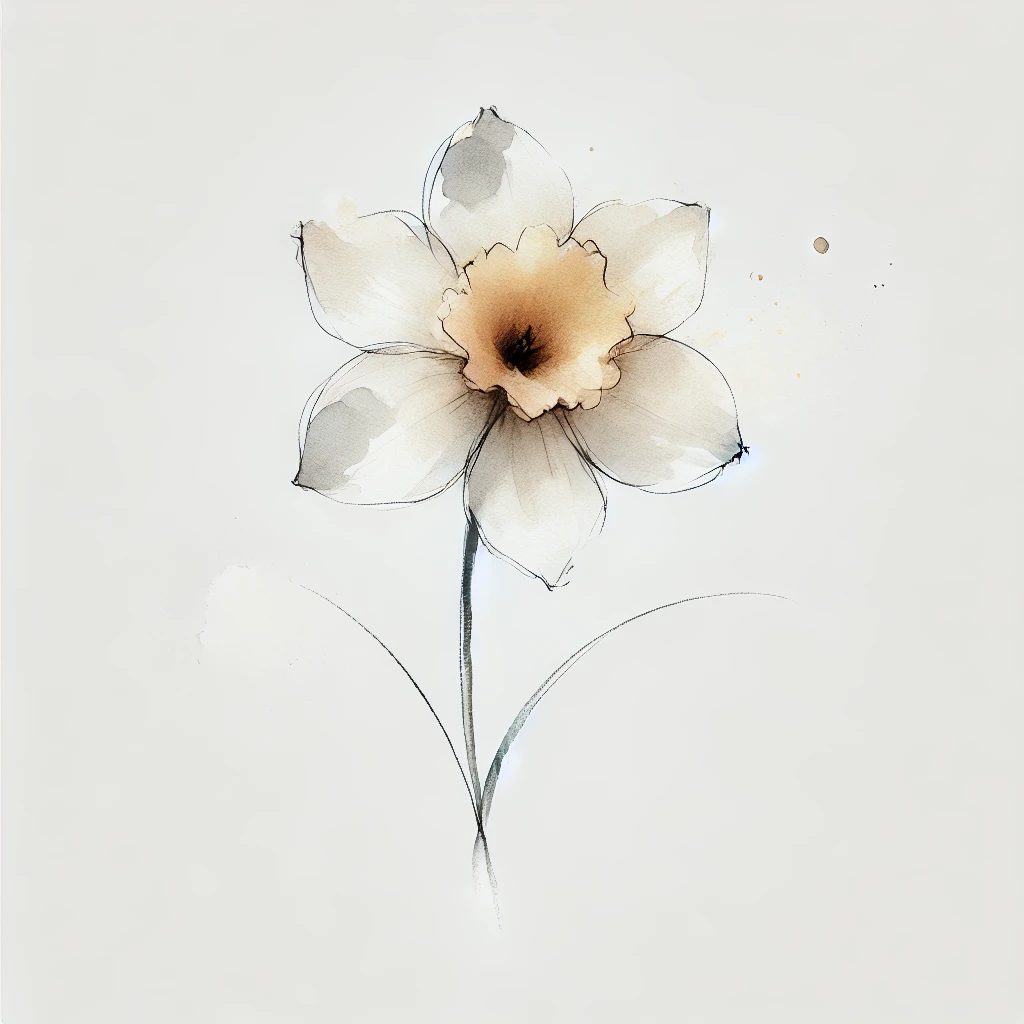 Artistic depiction of a daffodil flower with blended watercolor tones and graceful outline details, ideal for March Birth Flower Tattoo ideas.