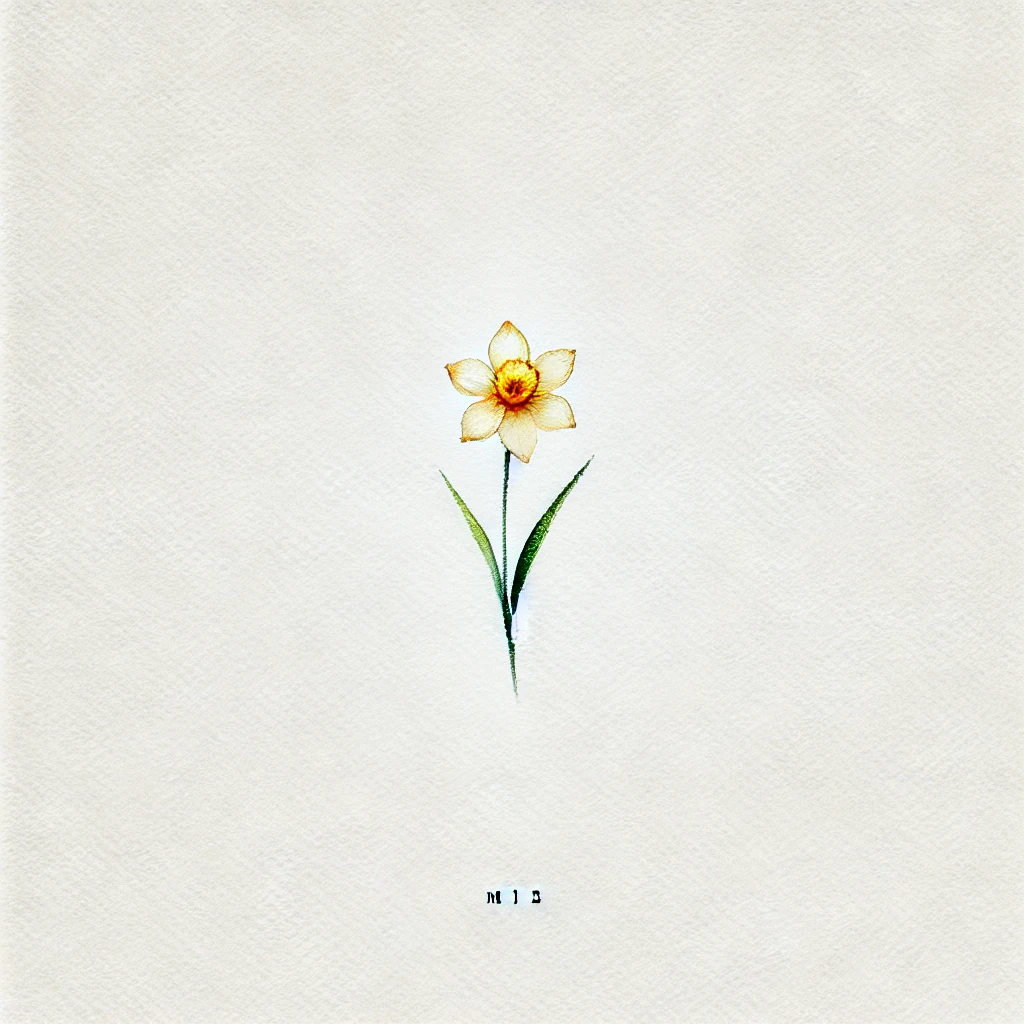 Simple watercolor illustration of a small daffodil flower, combining clean shapes and soft gradients for a refined look.