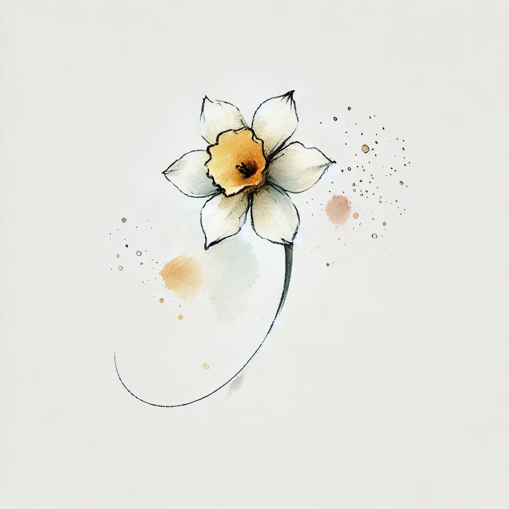 Tiny daffodil flower with diffused watercolor accents and subtle outline strokes, showcasing a minimalist and artistic design