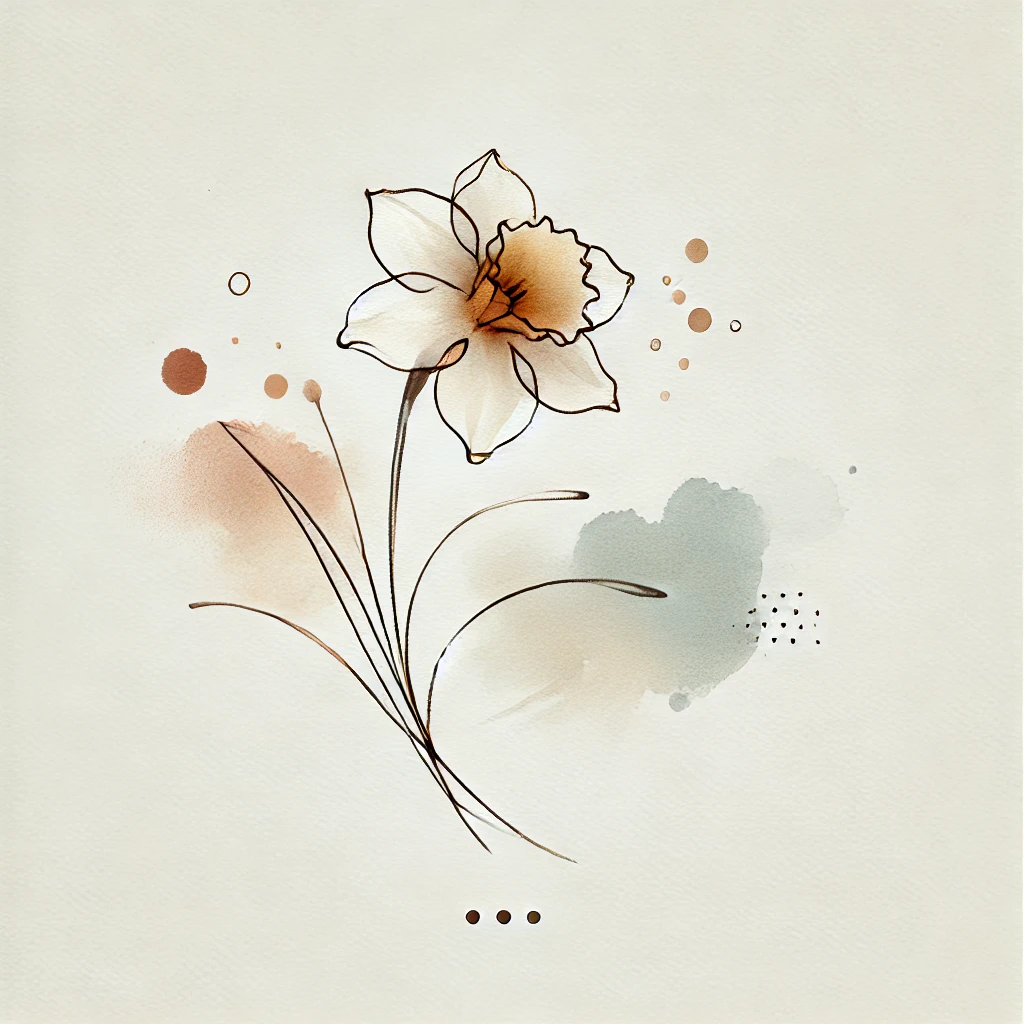 Minimalist illustration of a daffodil flower with neutral tones, abstract watercolor blotches, and fine outline details, perfect for modern floral designs.