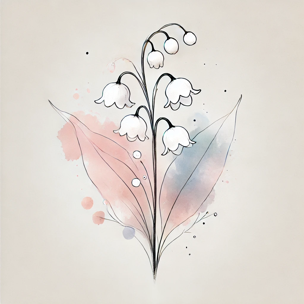 Artistic illustration of a Lily of the Valley flower with abstract watercolor splashes in soft pastel tones and delicate outline details.