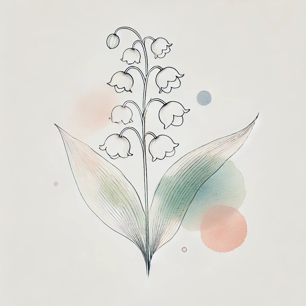 Minimalist design of a Lily of the Valley flower, featuring fine outlines and subtle watercolor accents, perfect for a May Birth Flower Tattoo