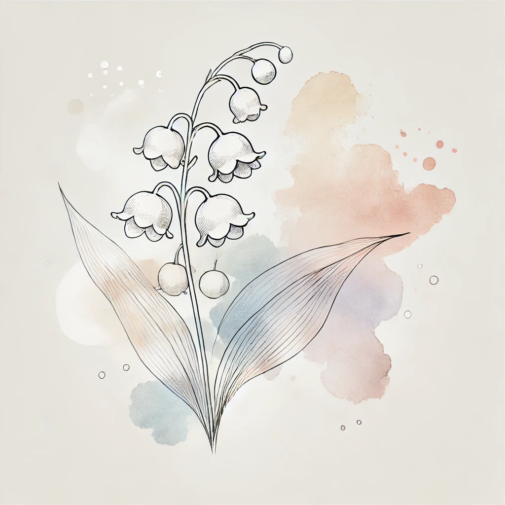 Abstract representation of a Lily of the Valley flower with diffused watercolor blotches and elegant linework, highlighting natural simplicity.