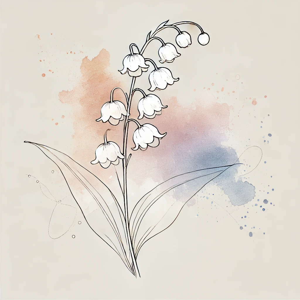 Elegant minimalist illustration of a Lily of the Valley flower with soft watercolor tones and delicate outlines, ideal for floral tattoo inspiration