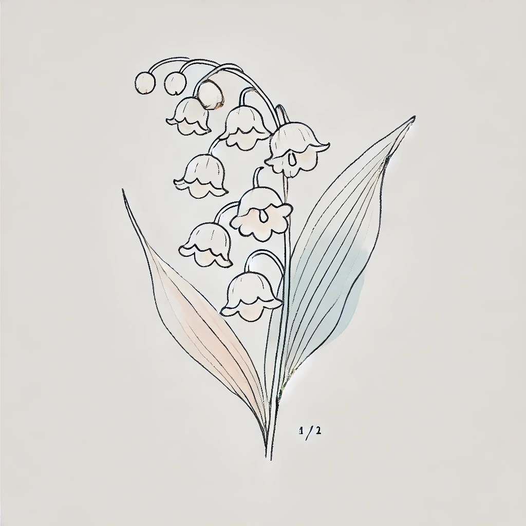 Simplified illustration of a Lily of the Valley flower with minimalistic outlines and artistic watercolor details on a white background.