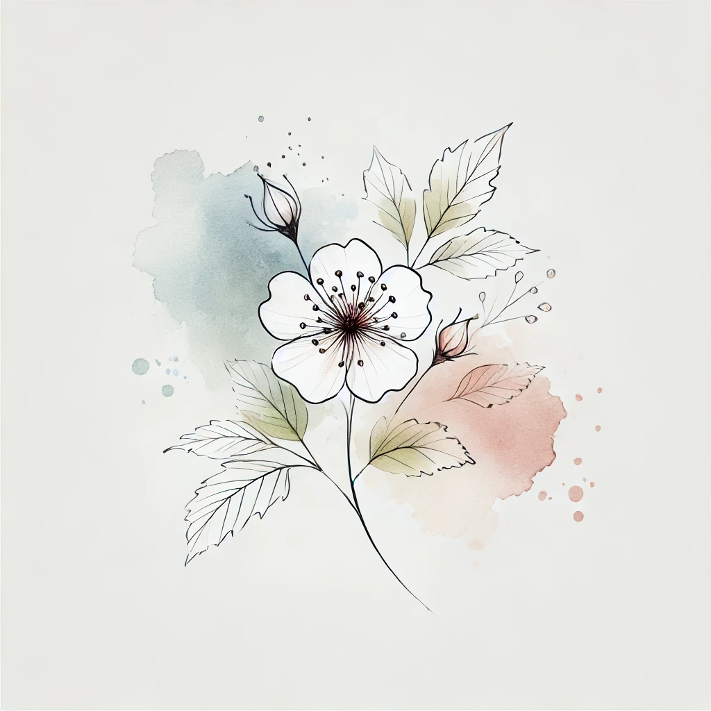 Minimalist design of a Hawthorn flower with abstract watercolor accents and fine linework, perfect for a May Birth Flower Tattoo.
