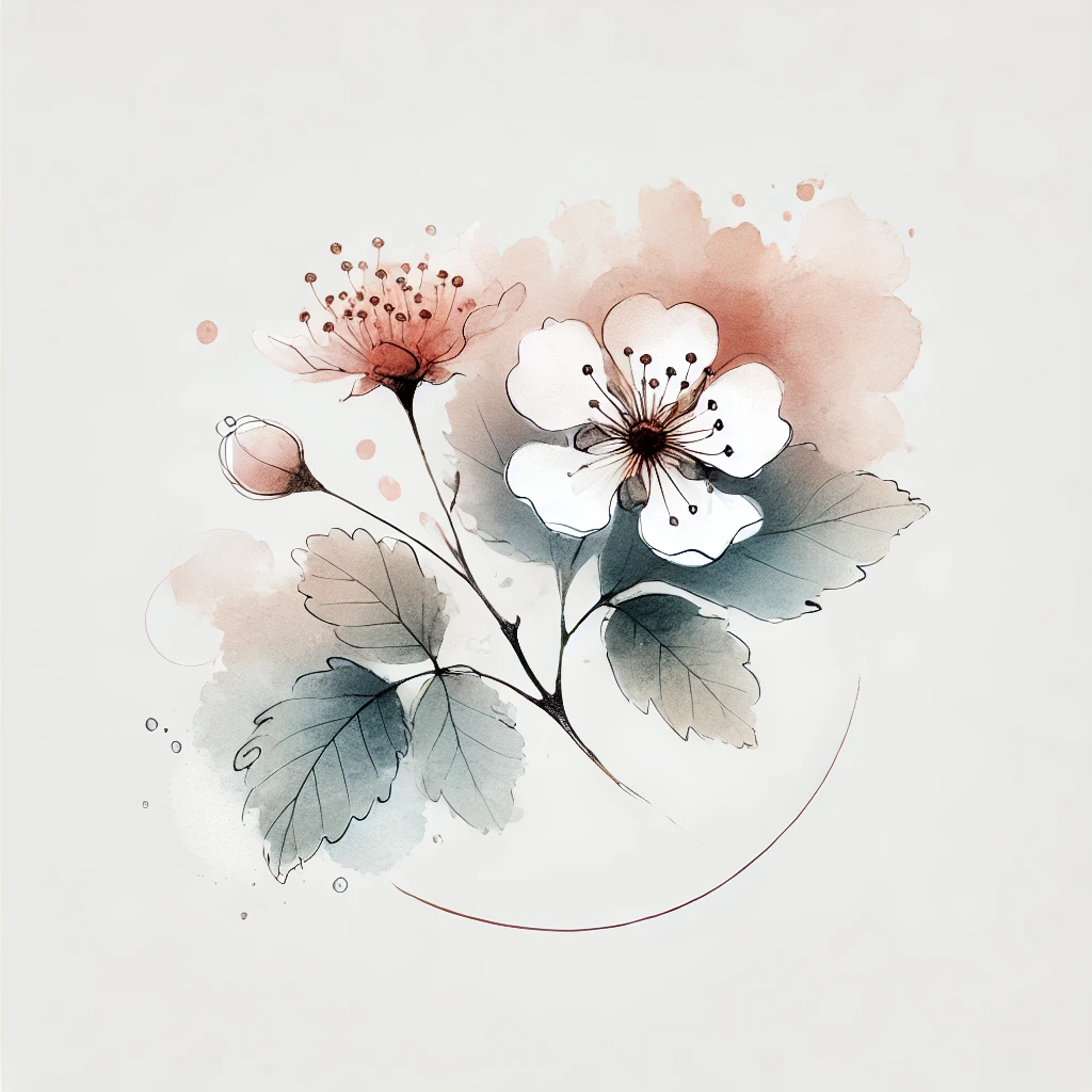 Delicate floral illustration of a Hawthorn flower with diffused pastel watercolor blotches and intricate outlines, highlighting natural beauty