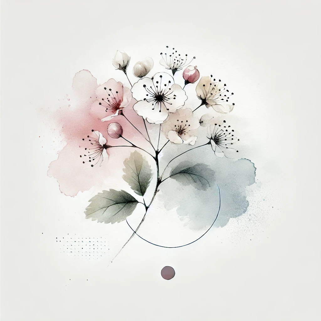 Abstract and minimalist Hawthorn flower design with fluid watercolor textures and fine lines, a beautiful choice for a May Birth Flower Tattoo.