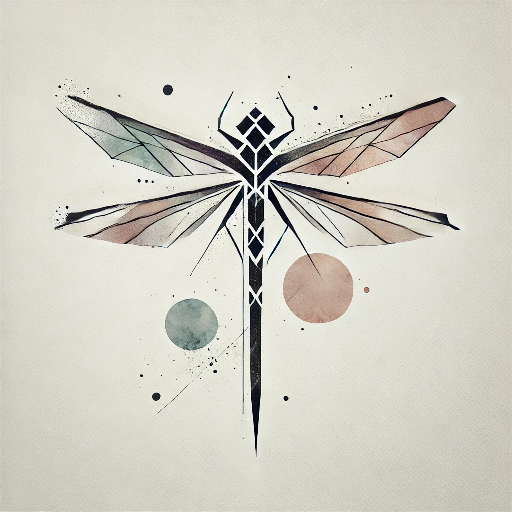 Elegant dragonfly artwork with a blend of geometric shapes and muted pastel watercolor accents, creating a minimalist and contemporary design.