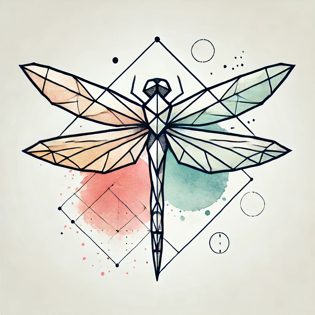 Dragonfly illustration featuring a modern geometric design with angular shapes and soft watercolor splashes in pastel tones on a white background