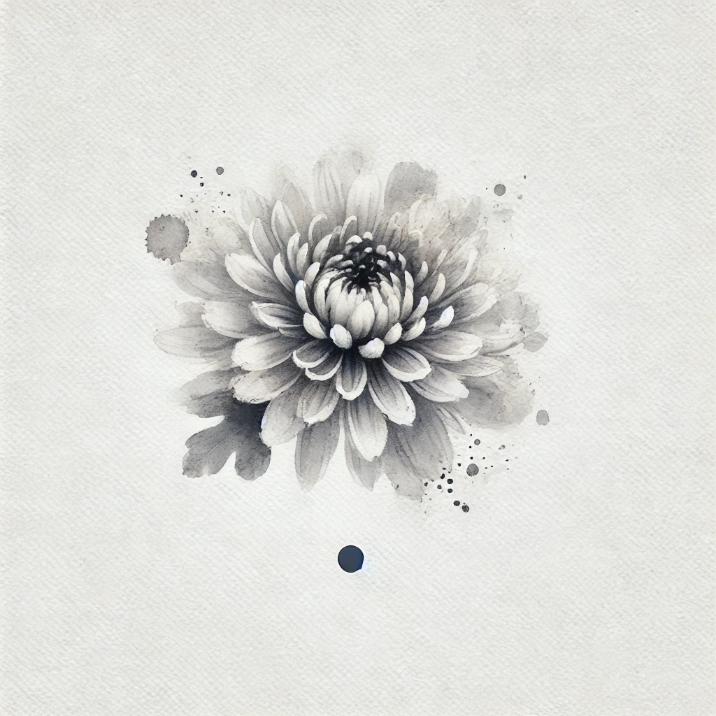 Elegant Chrysanthemum flower illustration in grayscale, blending soft watercolor textures and refined outlines, great for November Birth Flower Tattoo Chrysanthemum designs.