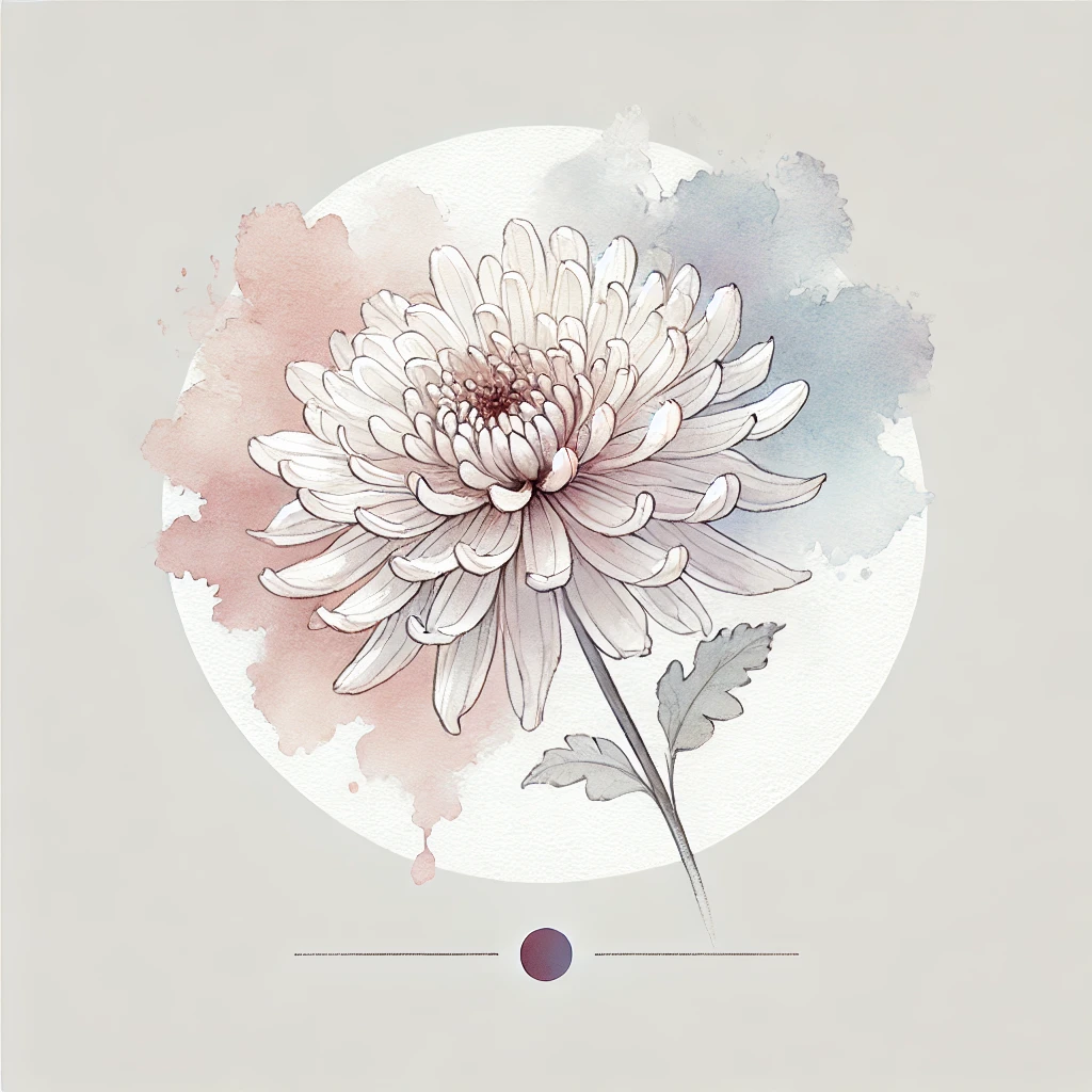Modern interpretation of a Chrysanthemum flower with neutral watercolor tones and minimalistic line accents, a unique concept for floral tattoos.