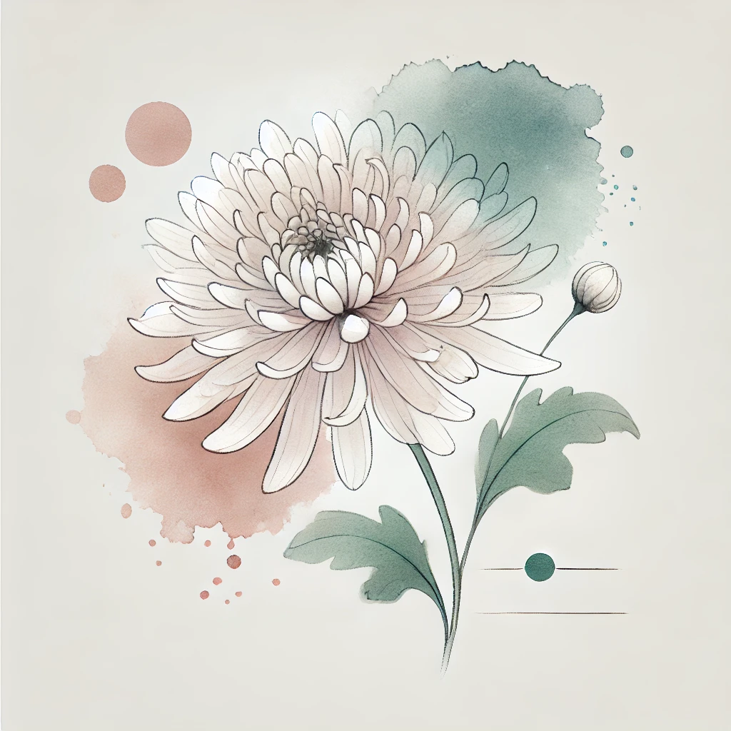 Simplified Chrysanthemum flower design with grayscale watercolor textures and fine linework, emphasizing its beauty and perfect for November Birth Flower Tattoo Chrysanthemum ideas.