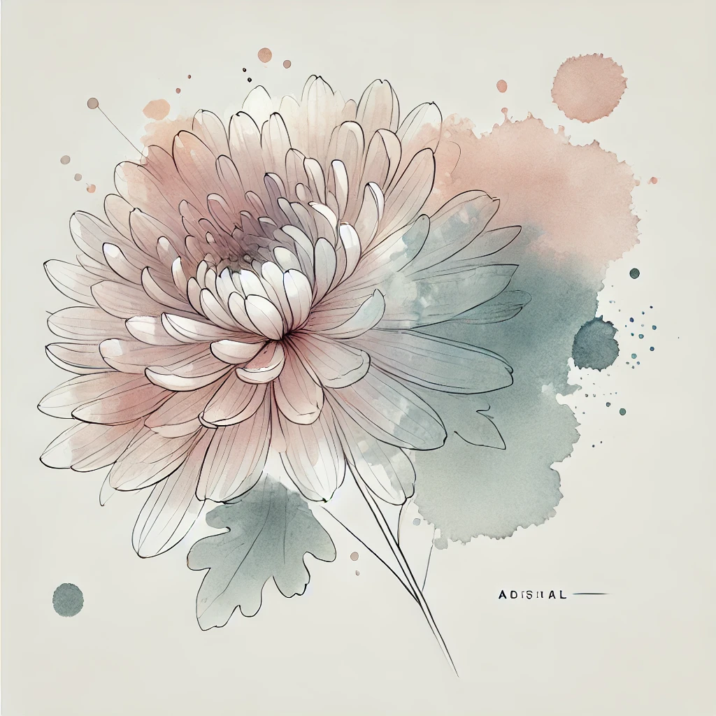 Minimalist Chrysanthemum flower design in grayscale with abstract watercolor accents and fine line details, ideal for tattoo inspiration.