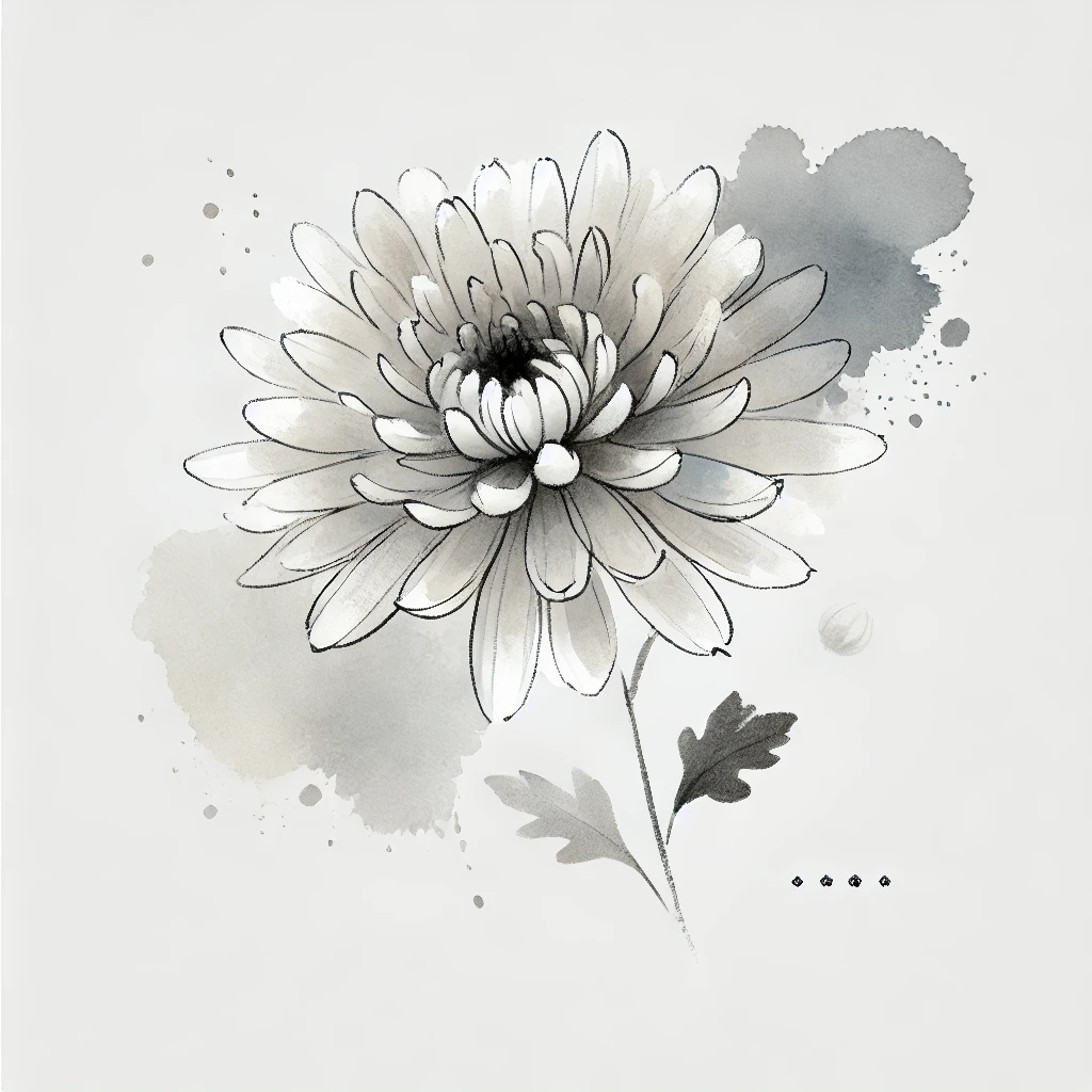 Simplistic depiction of a Chrysanthemum flower in grayscale, featuring diffused watercolor tones and clean outline work, perfect for November Birth Flower Tattoo Chrysanthemum ideas.