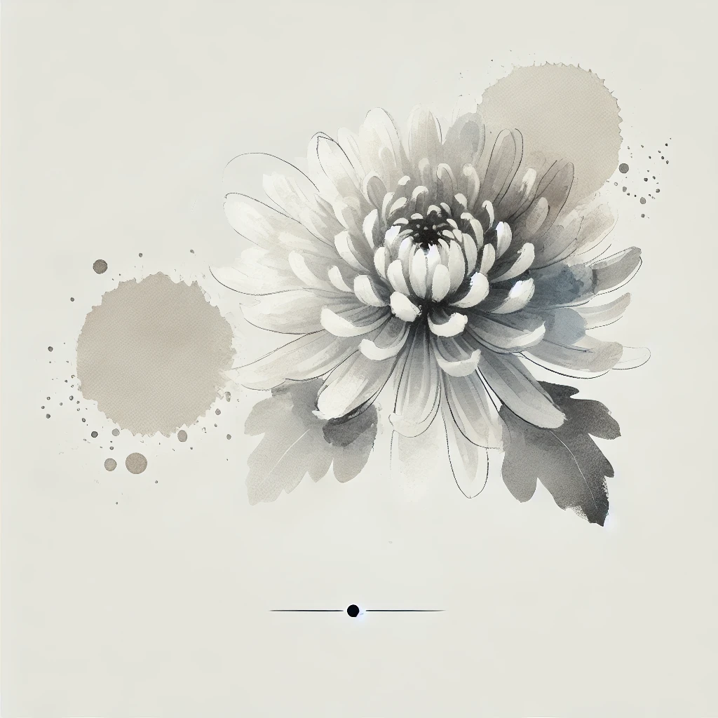 Grayscale illustration of a Chrysanthemum flower with soft watercolor textures and delicate outline details, highlighting a minimalist design