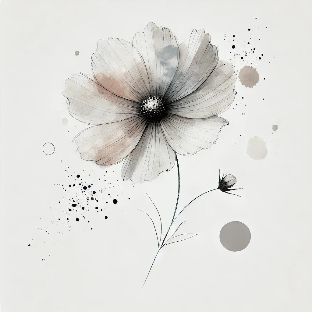 Elegant depiction of a Cosmos flower in grayscale, featuring diffused watercolor textures and fine line accents for a refined aesthetic