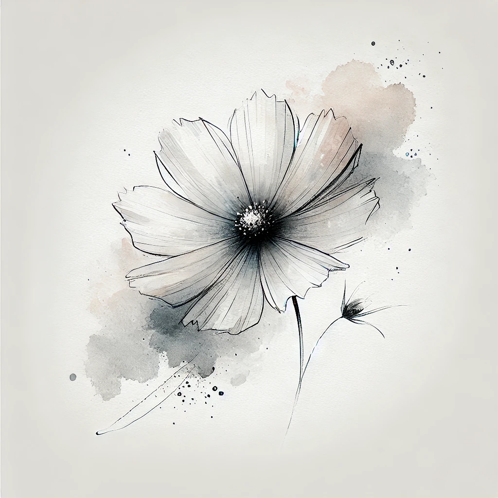Artistic representation of a Cosmos flower with abstract watercolor tones and delicate outline work, a beautiful concept for October Birth Flower Tattoo Cosmos ideas