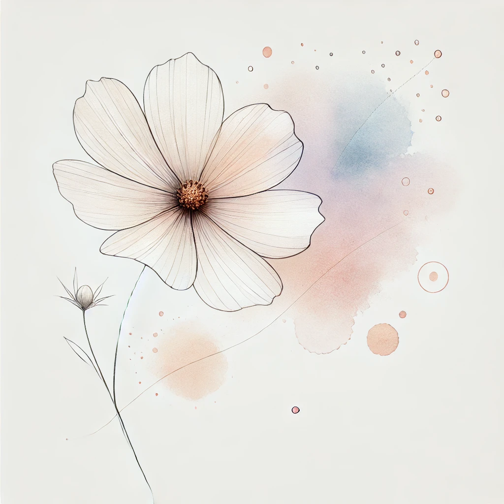 Vibrant Cosmos flower illustration with pastel watercolor splashes and clean line details, highlighting its natural beauty