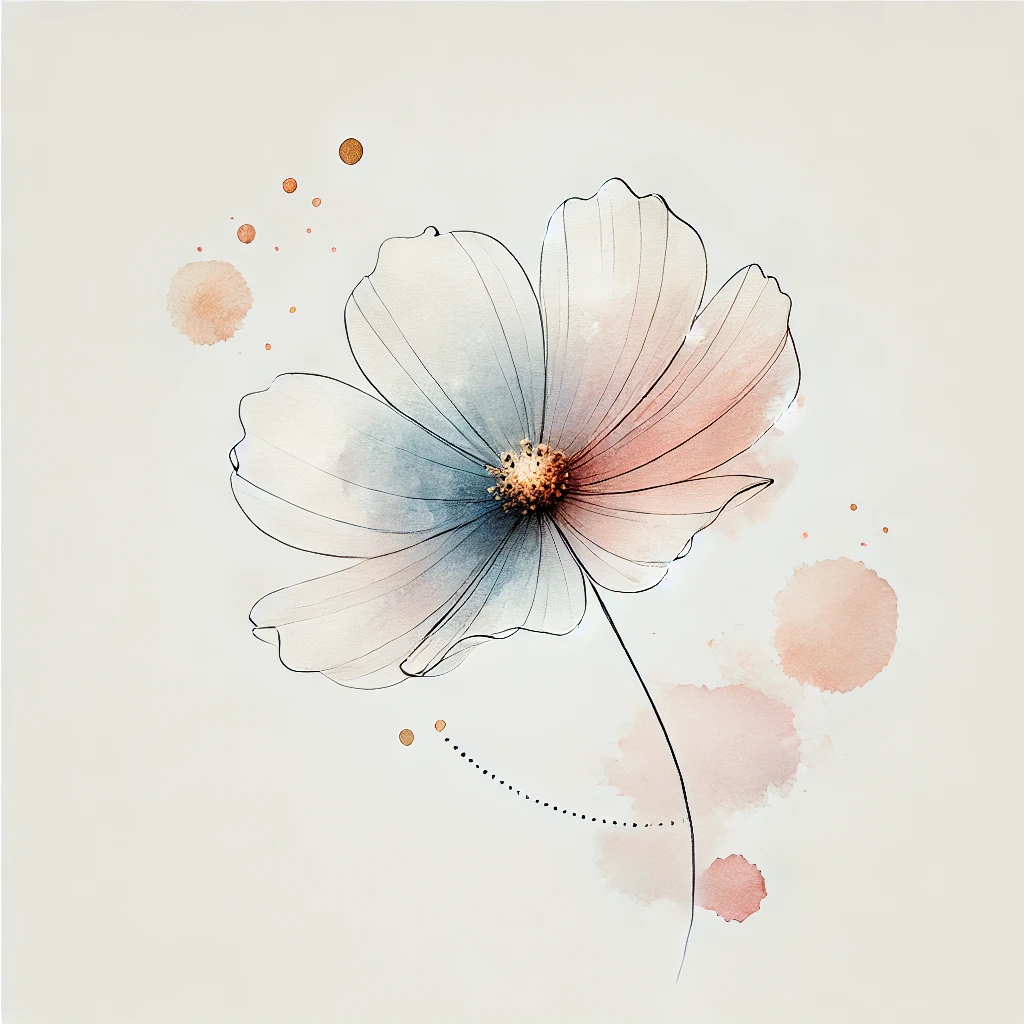 Minimalist Cosmos flower design in pastel tones, blending soft watercolor textures and fine outlines, perfect for floral tattoo inspiration