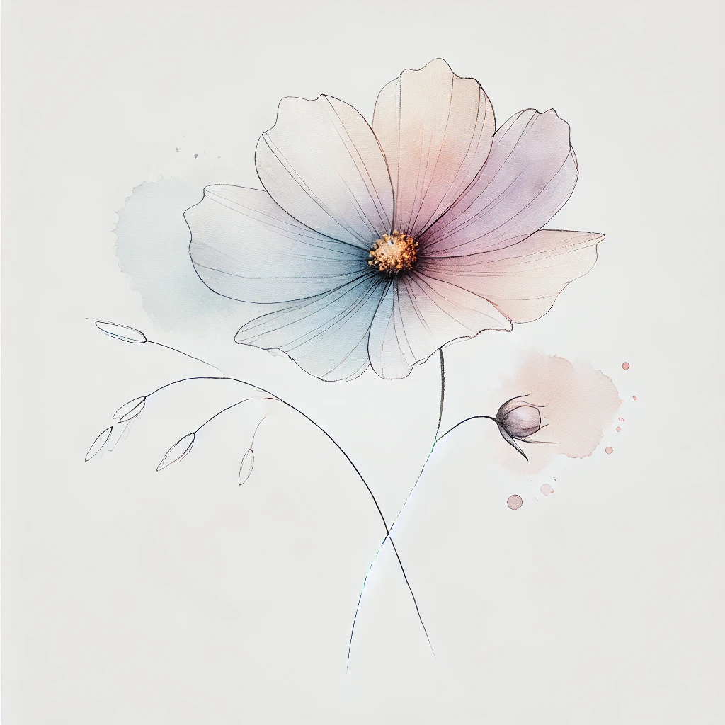 Modern interpretation of a Cosmos flower with abstract pastel watercolor blotches and intricate line details, ideal for October Birth Flower Tattoo Cosmos ideas