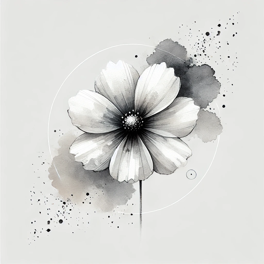 Grayscale illustration of a Cosmos flower with soft watercolor blotches and delicate outline details, ideal for October Birth Flower Tattoo Cosmos ideas.