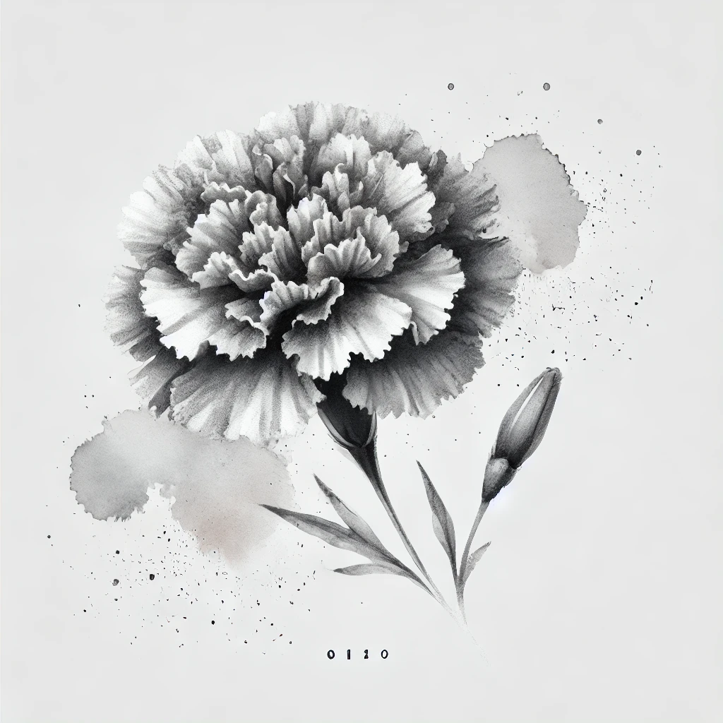 Grayscale illustration of a Marigold flower with voluminous petals, soft watercolor textures, and delicate outlines, perfect for October Birth Flower Tattoo Marigold designs