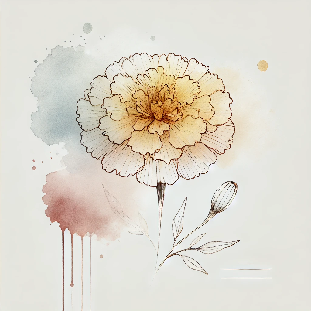 Vibrant Marigold flower design with pastel watercolor splashes and intricate outline details, ideal for a unique and modern October Birth Flower Tattoo Marigold.