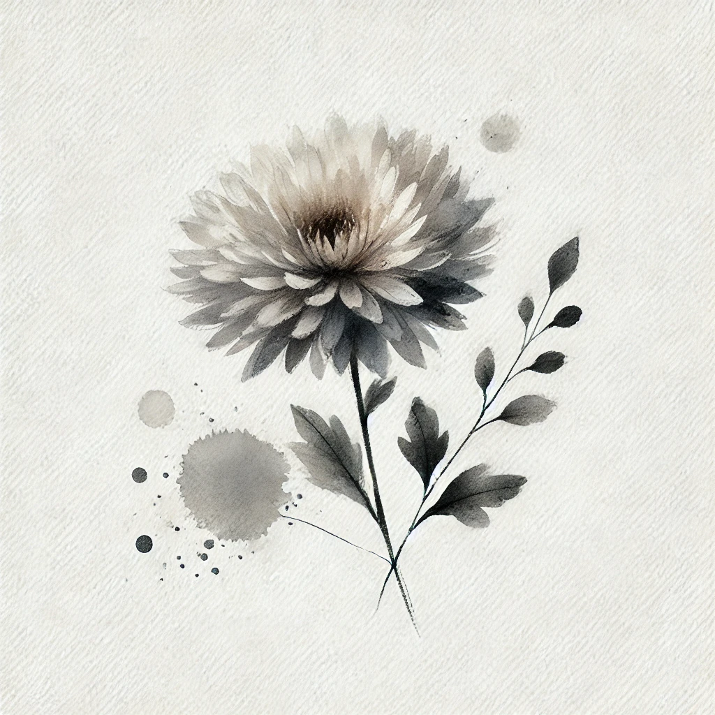 Minimalist grayscale illustration of an Aster flower with soft watercolor blotches and fine outline details, showcasing artistic elegance