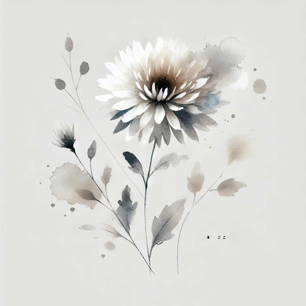 Elegant depiction of an Aster flower in grayscale, blending diffused watercolor textures and delicate linework, ideal for September Birth Flower Tattoo Aster designs