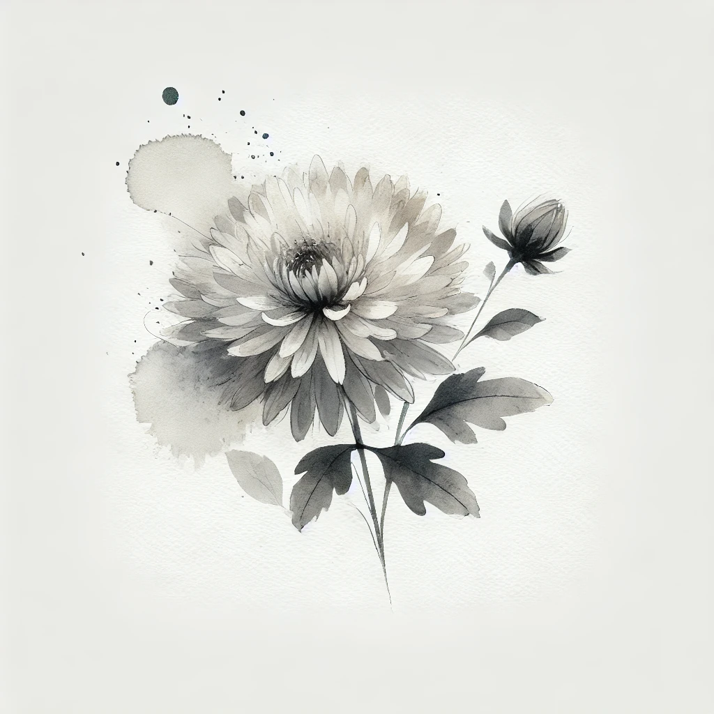 Artistic representation of an Aster flower in neutral tones, featuring abstract watercolor shading and subtle outlines for a refined aesthetic