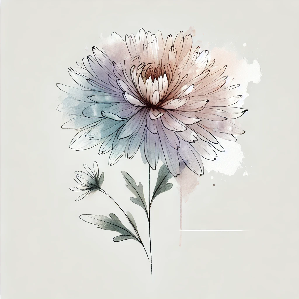 Vivid Aster flower illustration with pastel watercolor tones and intricate line accents, a beautiful concept for September Birth Flower Tattoo Aster ideas