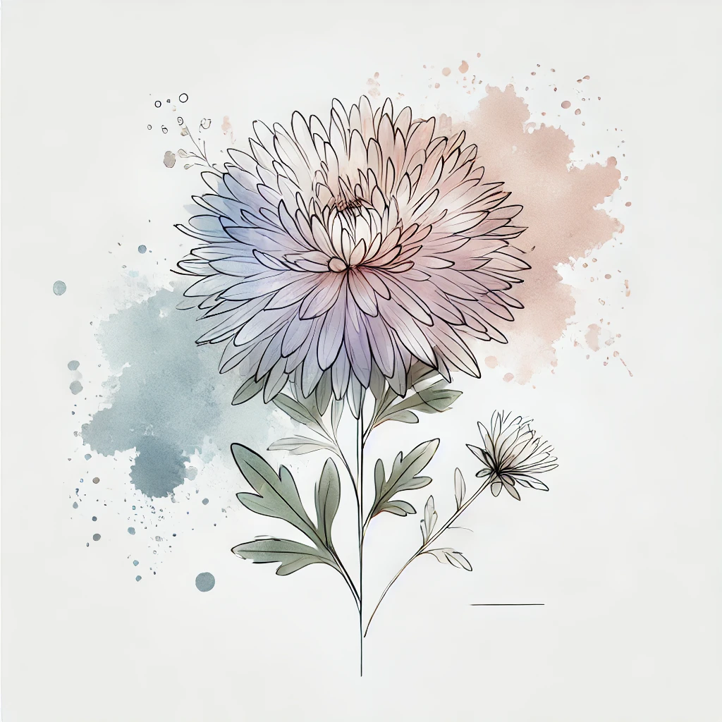 Colorful depiction of an Aster flower with soft pastel watercolor splashes and detailed outline elements, highlighting natural beauty.