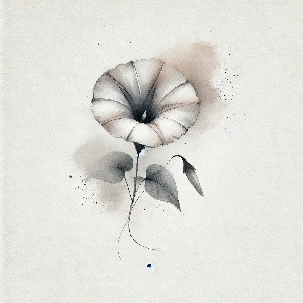 Grayscale illustration of a Morning Glory flower with soft watercolor shading and delicate outline details, emphasizing artistic simplicity.