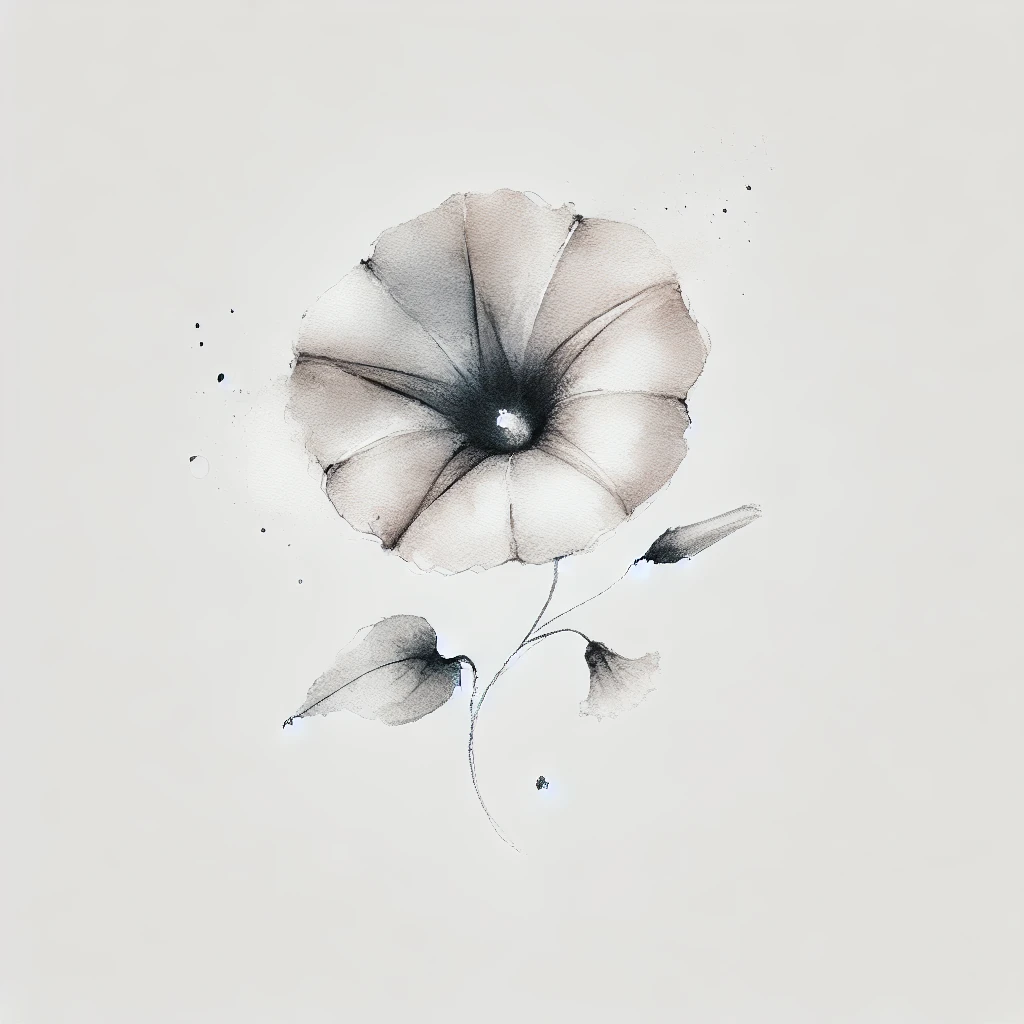 Elegant depiction of a Morning Glory flower in grayscale, blending abstract watercolor textures and fine line accents, perfect for September Birth Flower Tattoo Morning Glory ideas.