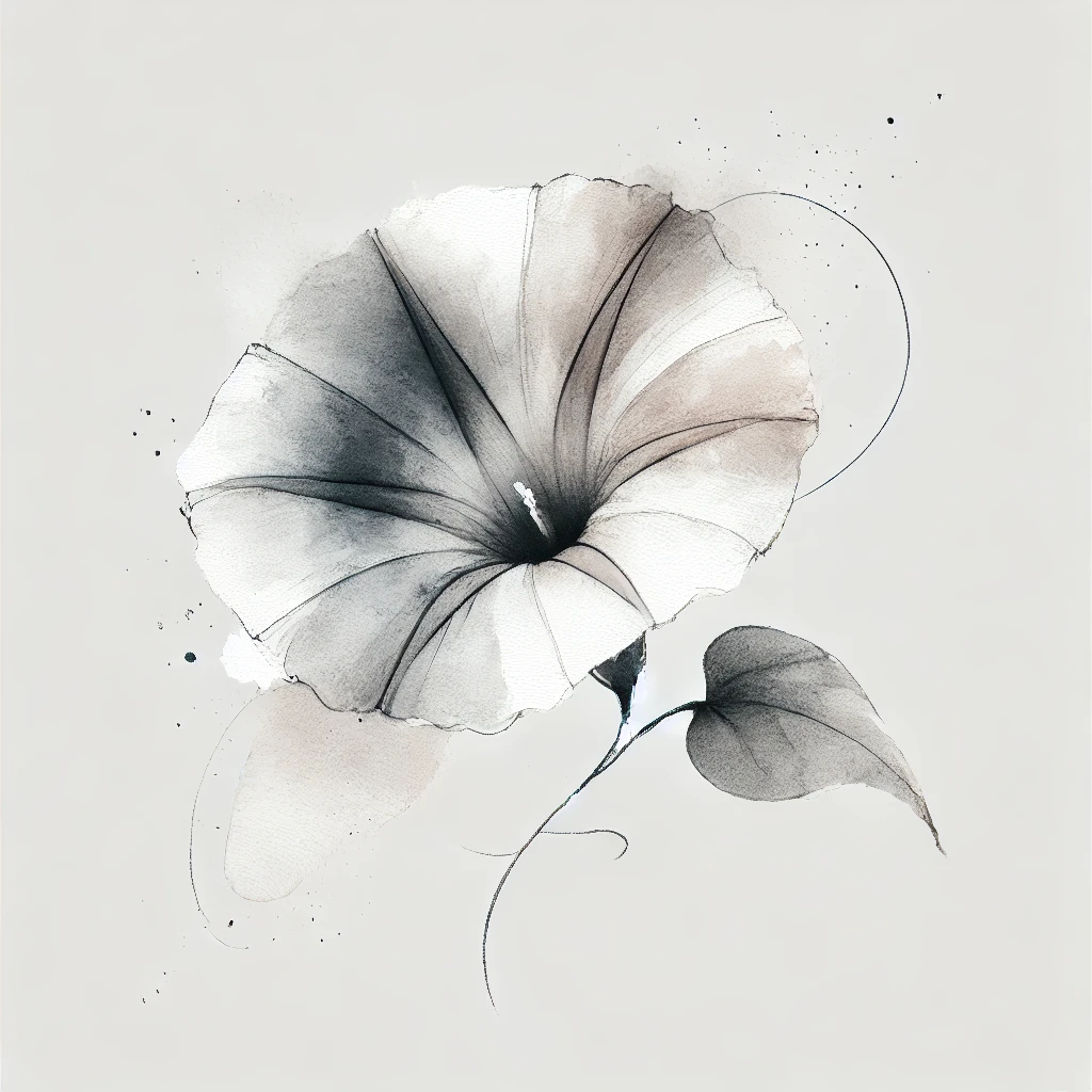 Minimalist design of a Morning Glory flower in neutral tones, featuring diffused watercolor blotches and clean linework for a refined aesthetic.