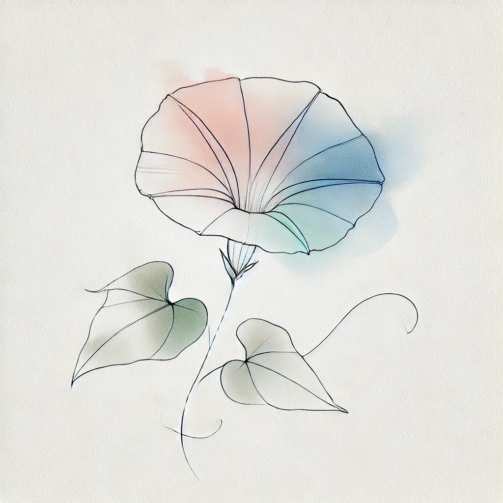 Artistic illustration of a Morning Glory flower with vibrant pastel watercolor tones and intricate outline details, ideal for September Birth Flower Tattoo Morning Glory ideas
