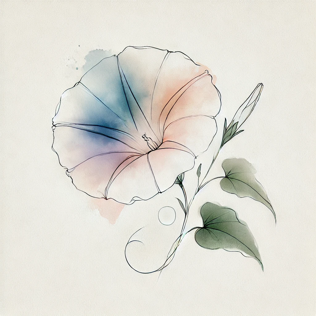 Delicate watercolor representation of a Morning Glory flower with soft pastel splashes and subtle line accents, highlighting its natural beauty