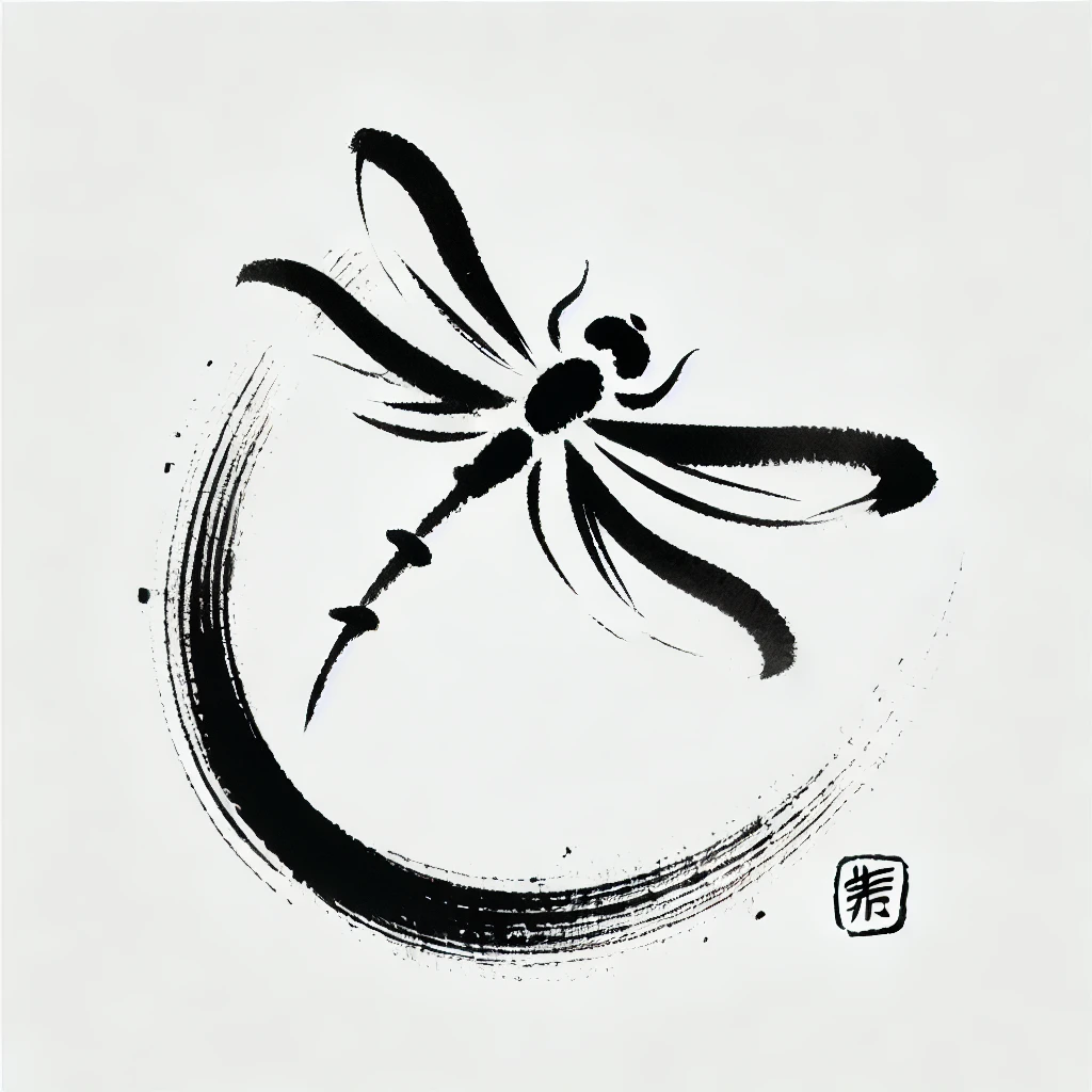 A sumi-e style dragonfly illustration with bold black ink brushstrokes, featuring a dynamic curved line and traditional Japanese art elements